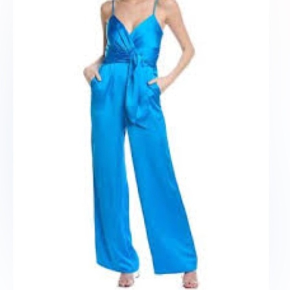 Ramy Brook Willow V Nevk Pantsuit Romper Satin Elegant Blue...